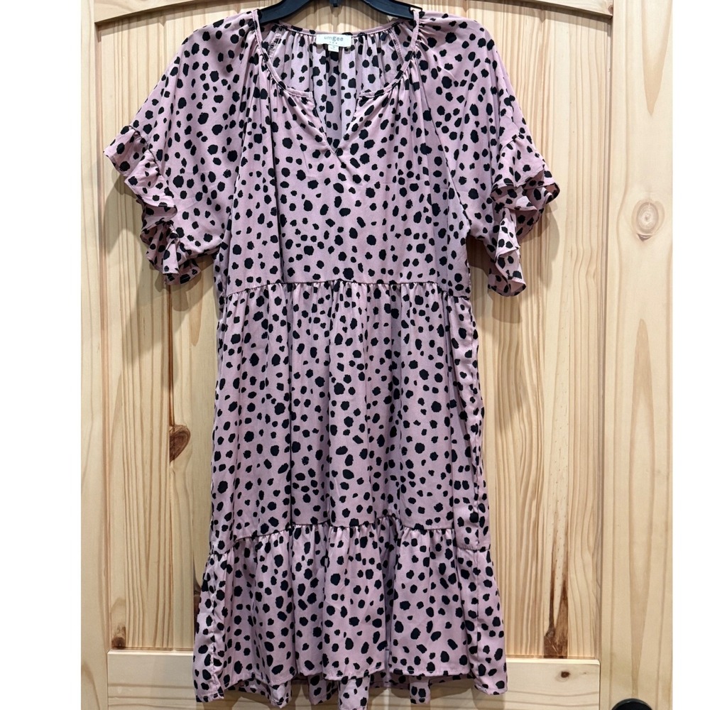 Umgee Mauve Pink Dalmatian Print Tiered Ruffle Babydoll Dress M5410 Medium